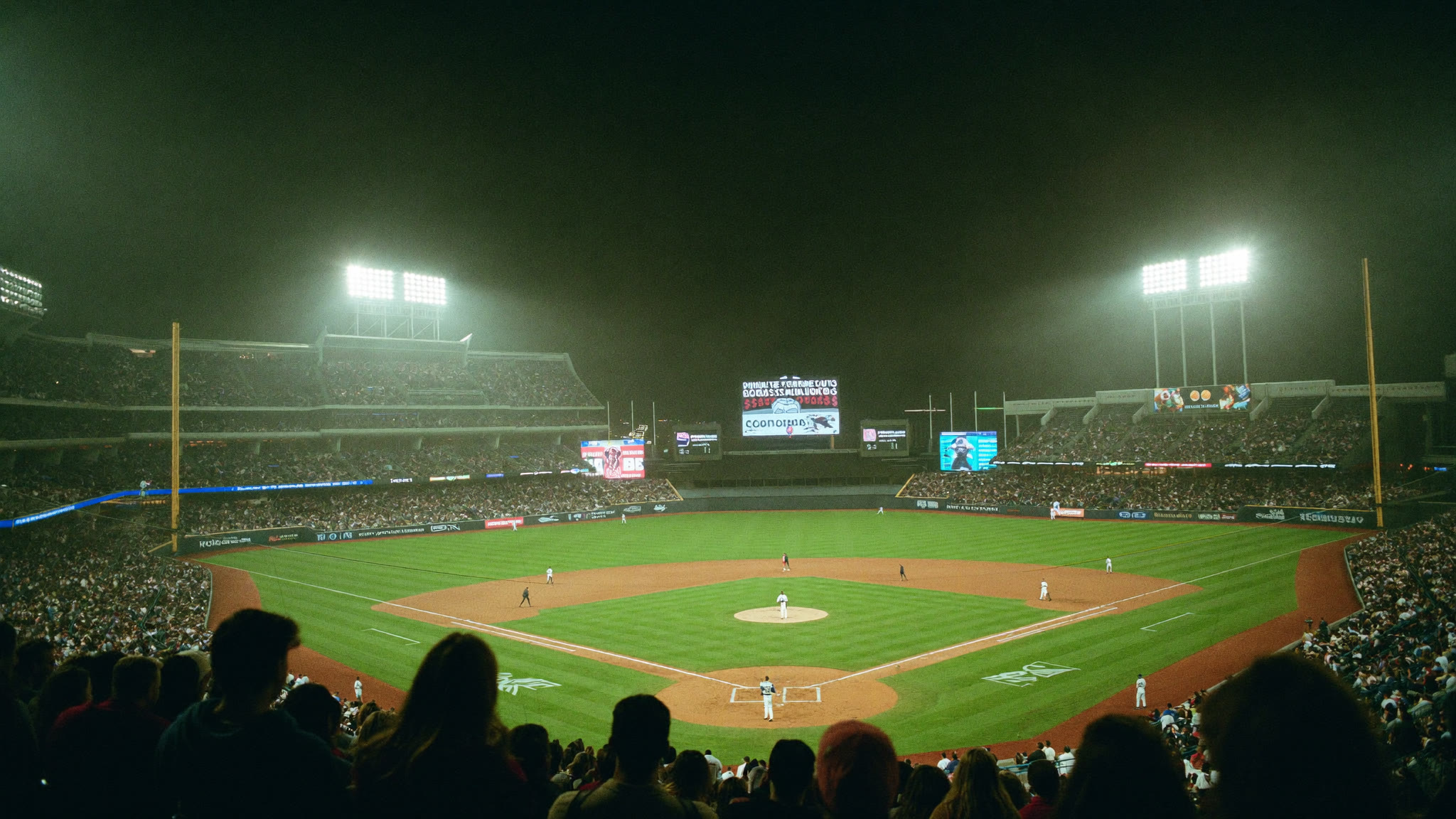 Winter league stadium glowing under floodlights at night